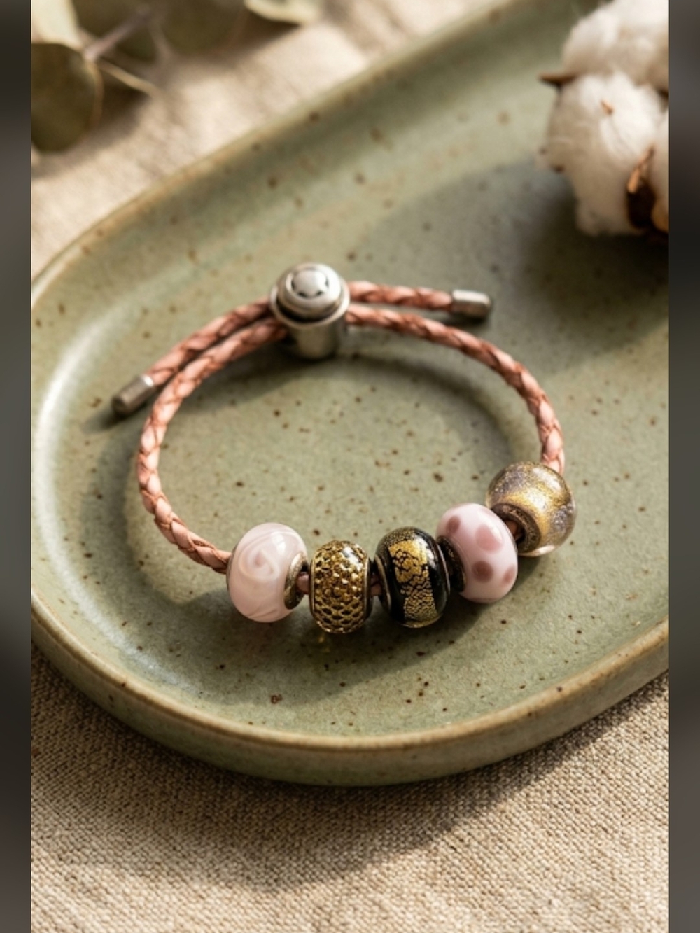 925 Sterling Silver/Leather Authentic Persona Bracelet & Murano Beads